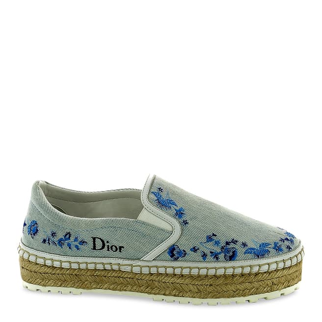 Dior Light Blue Denim Floral Platform Espadrilles 