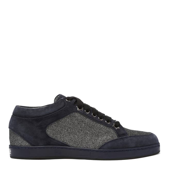 Jimmy Choo Navy Steel Fine Glitter and Suede Low Top Trainers