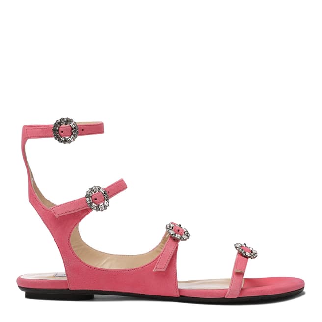 Jimmy Choo Flamingo Pink Suede Naia Sandals with Swarovski Crystal Buckles