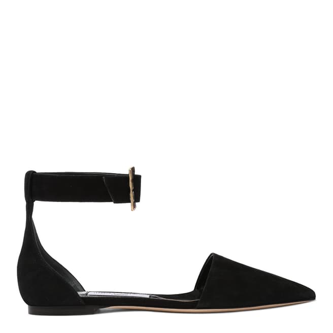 Jimmy Choo Black Suede Halina Pointy Toe Flats with Jewelled Buckle