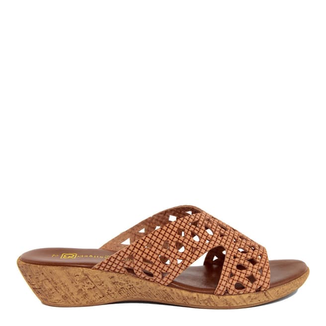 Gagliani Renzo Tan Leather Perforated Low Wedge Sandals