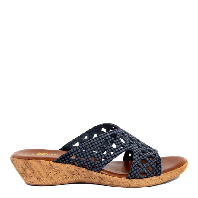 Gagliani Renzo Navy Leather Perforated Low Wedge Sandals