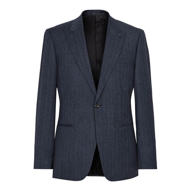 Reiss Blue Herringbone Modern Fit Wool Suit Jacket