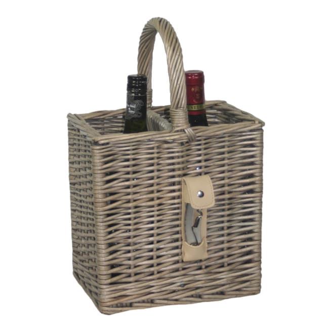 Perfect Picnic Antique Wash Finish 2 Bottle Basket With Opener