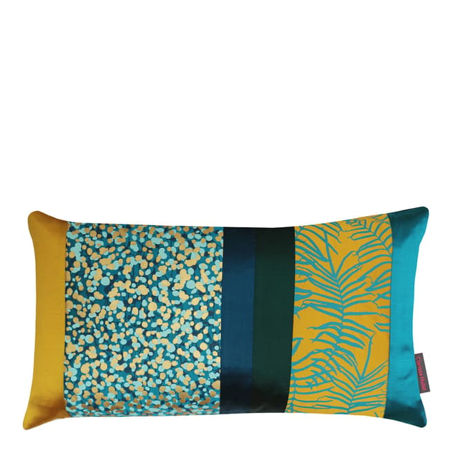 Clarissa Hulse Kingfisher/Turmeric Garland Patchwork Silk Cushion, 30x50cm