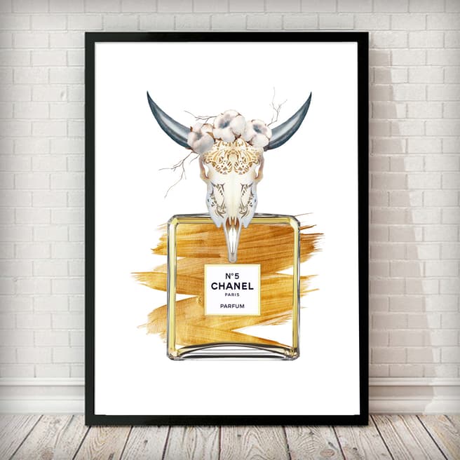 Rock Salt Prints Animal Skull Gold No.5 Perfume Bottle Art Print with Black Frame, 28x36cm