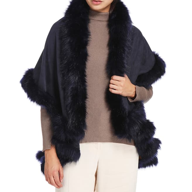 JayLey Collection Navy Luxury Faux Fur Suede Cape Coat