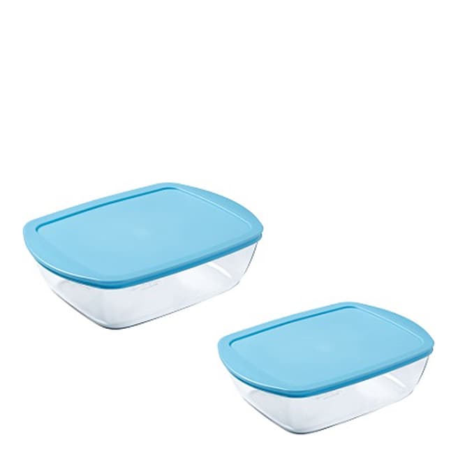 Pyrex 2 x Cook & Store Glass rectangular roaster with lid 23x15x6 cm and 28x20x8 cm Blue