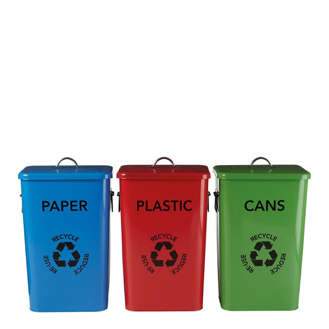 Premier Housewares Set of 3 Recycle Logo Bins, Galvanised Steel