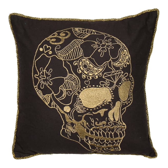 Malini Black/Gold Embroidered Skull Cushion 45x45cm