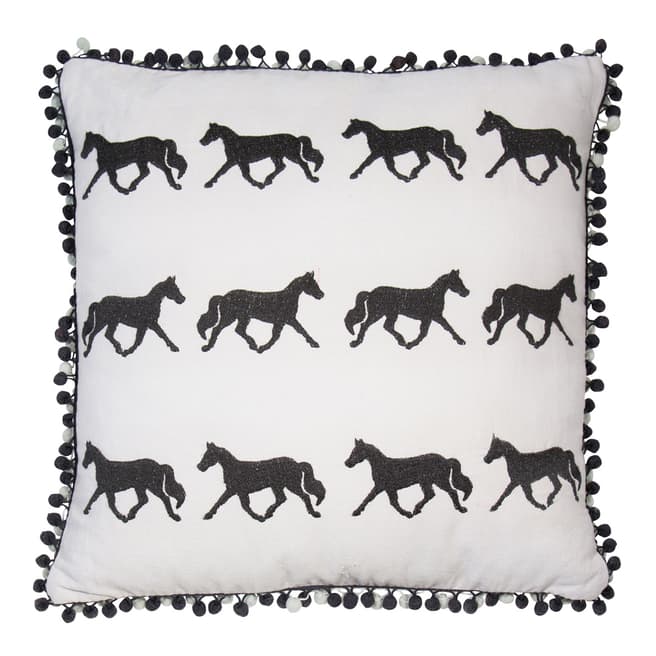 Malini Natural/Black Embroidered Horses With Pom Poms Cushion 43x43cm