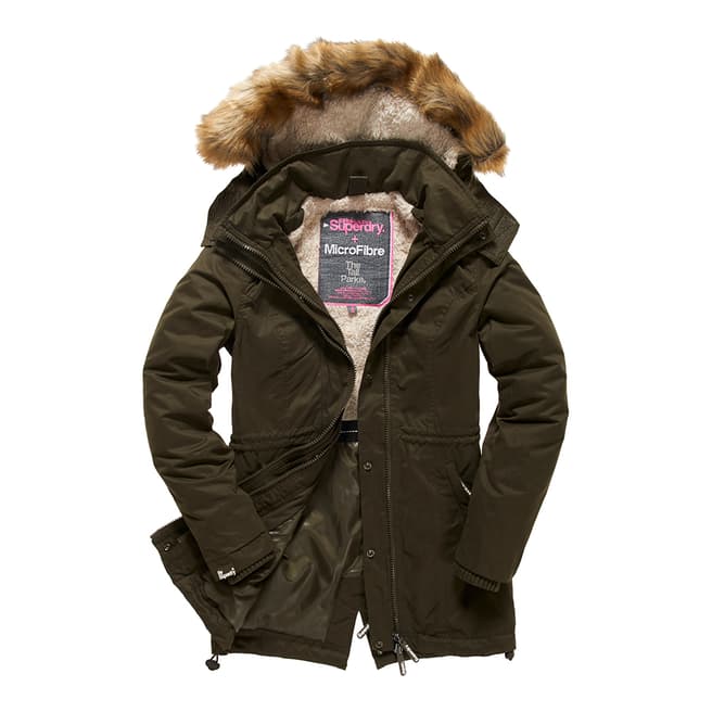 Superdry Army/Blonde Fur Microfibre Tall Parka