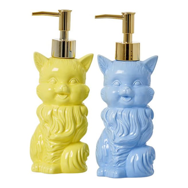 Rice Yellow/Soft Blue Set of 2 Cat Soap Dispenser