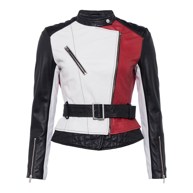 French Connection Red/Black/White Evia Leather Belted Waist Jacket