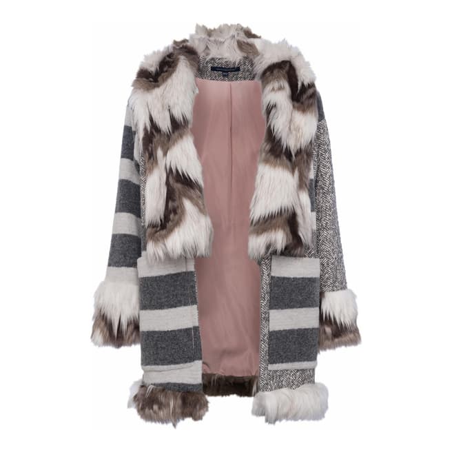 French Connection Grey/White Noemi Coating Faux Fur Trim Coat