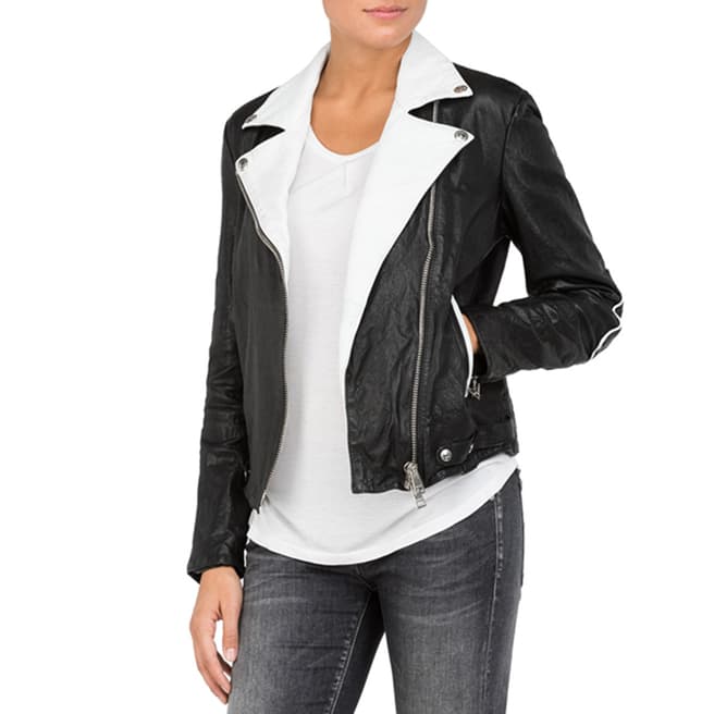 Replay Black/White Leather Biker Jacket