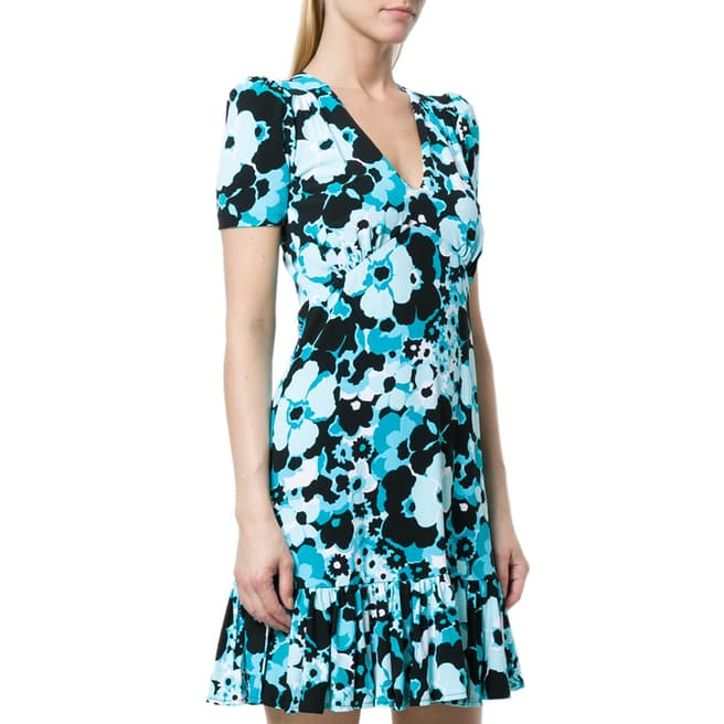Michael Kors Blue and Black Floral-Print Ruffled Mini Dress