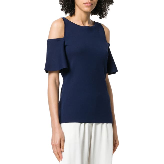 Michael Kors Navy and White Striped Cold-Shoulder T-Shirt 