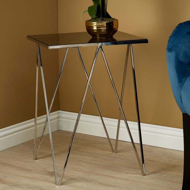 Fifty Five South Shalimar Square Side Table, Black Tempered Glass, Stainless Steel Legs