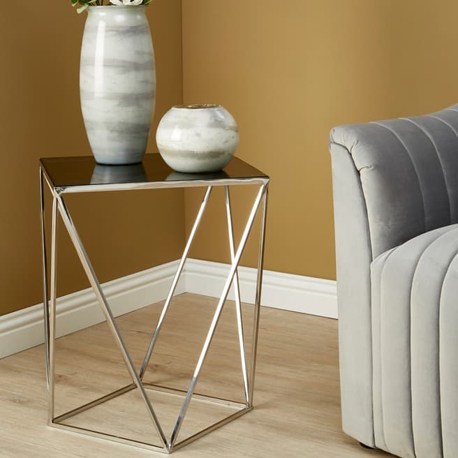 Fifty Five South Shalimar Square Side Table, Black Tempered Glass, Stainless Steel Legs