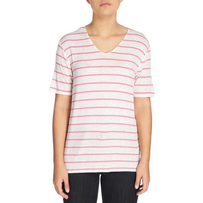 DKNY White and Pink Stripe Short Sleeve V Neck Top