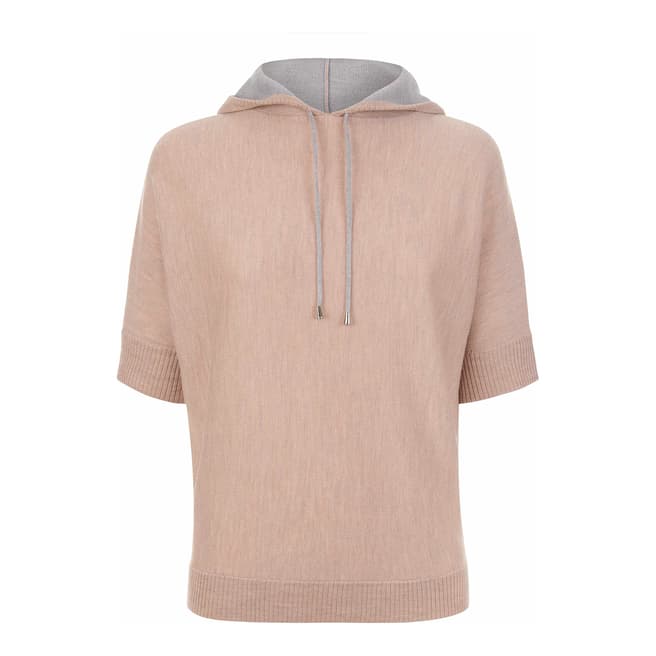 Jaeger Light Pink/Grey Merino Wool Hooded Knitted T-shirt