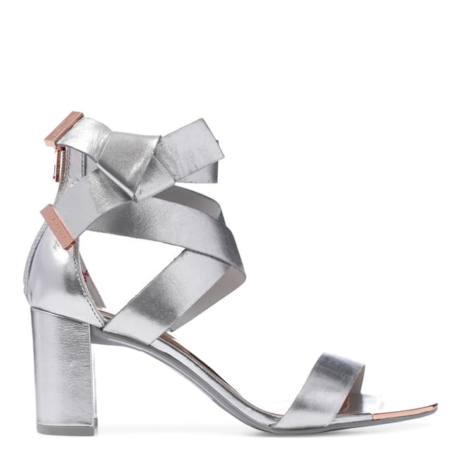 Ted Baker Silver Leather Peyepa Block Heel Bow Sandals 