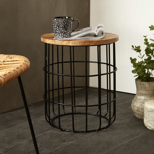 Premier Housewares Crest Round Side Table, Mango Wood Top, Black Legs
