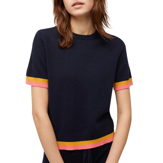 Chinti and Parker Navy/Mustard/Cocktail Cashmere Stripe Trim T-Shirt