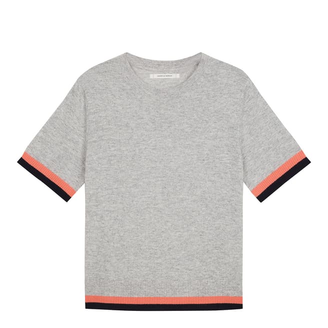 Chinti and Parker Silver/Cocktail/Navy Stripe Trim Cashmere T-Shirt  