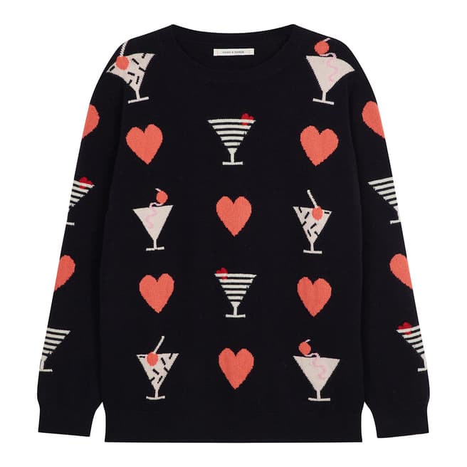 Chinti and Parker Navy/Multi Cashmere Cocktail Heart Sweater