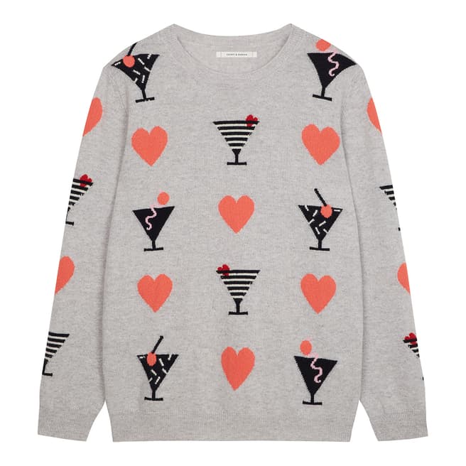 Chinti and Parker Silver Marl/Multi Cashmere Cocktail Heart Sweater