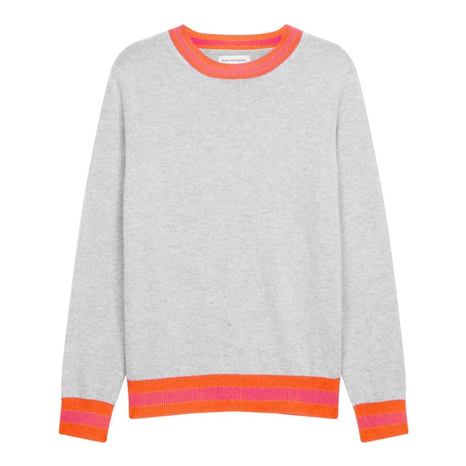 Chinti and Parker Silver Marl/Pink/Orange Cashmere Stripe Trim Sweater