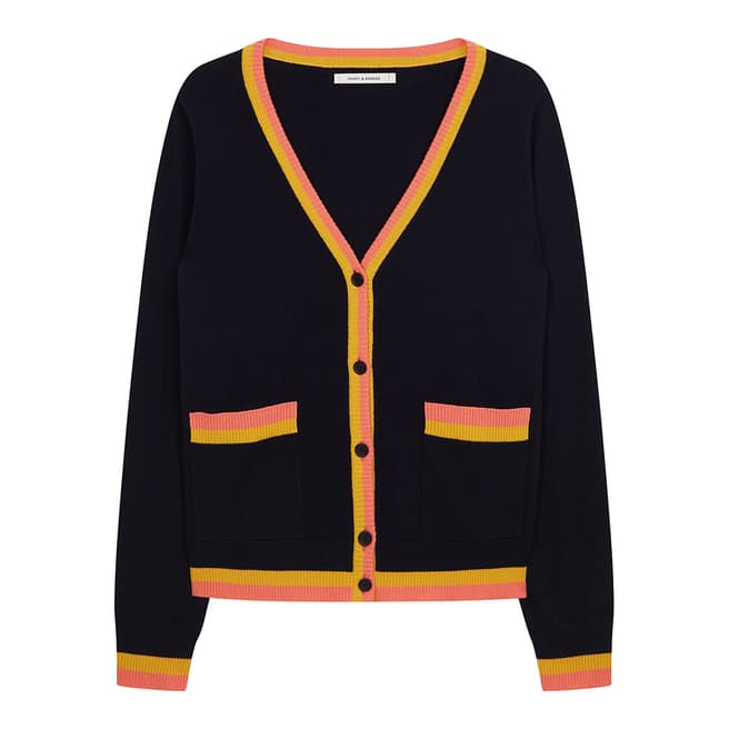 Chinti and Parker Navy/Mustard/Cocktail Cashmere Stripe Trim Cardigan