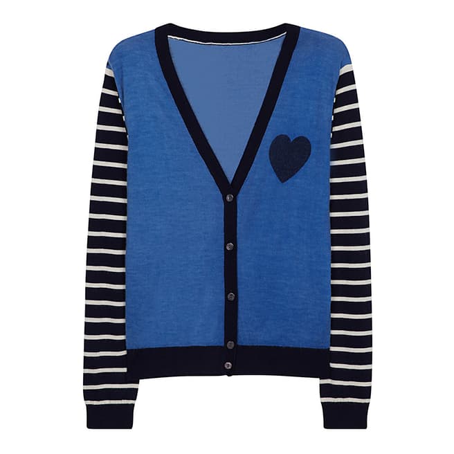 Chinti and Parker Navy Cashmere Breton Sleeve Cardigan
