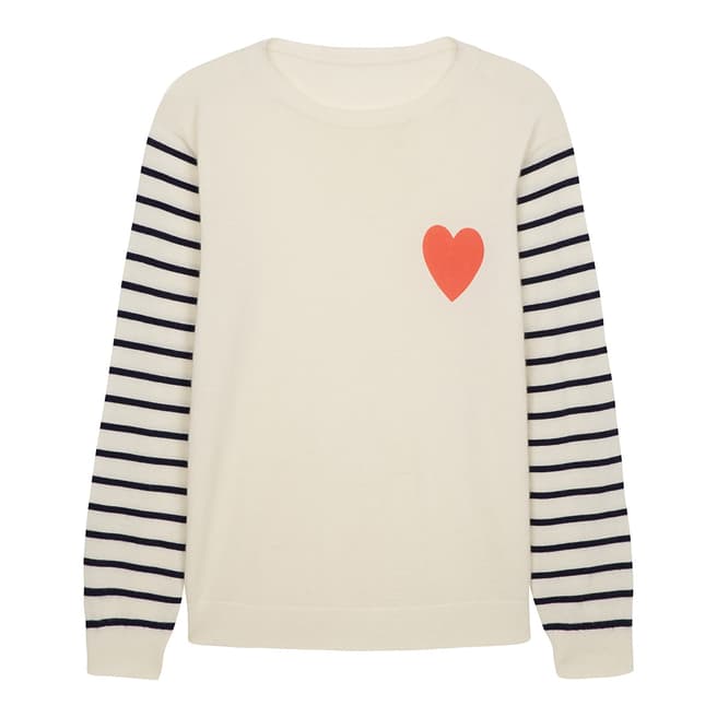 Chinti and Parker Cream/Coral Cashmere Breton Sleeve Sweater