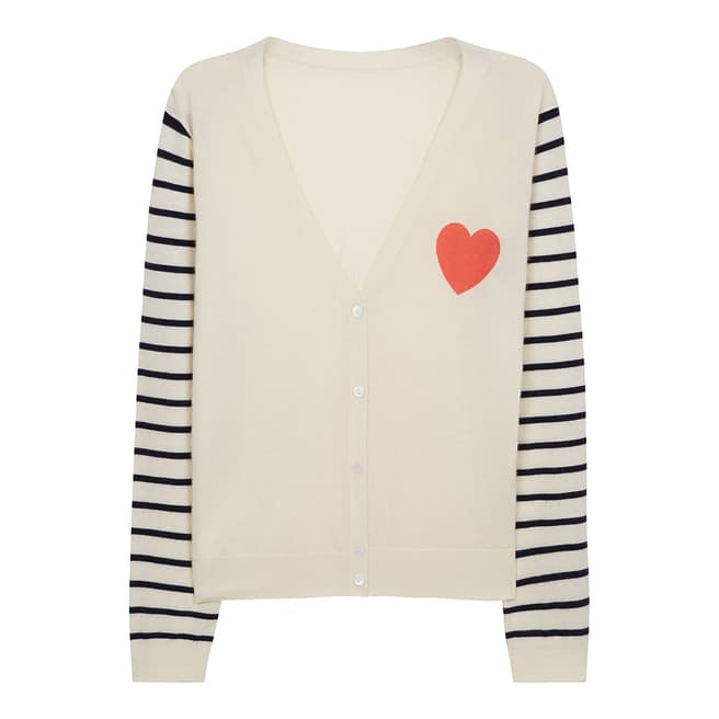 Chinti and Parker Cream/Coral Cashmere Breton Sleeve Cardigan