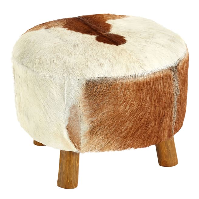 Fifty Five South Inca Round Stool, White / Brown Goathide