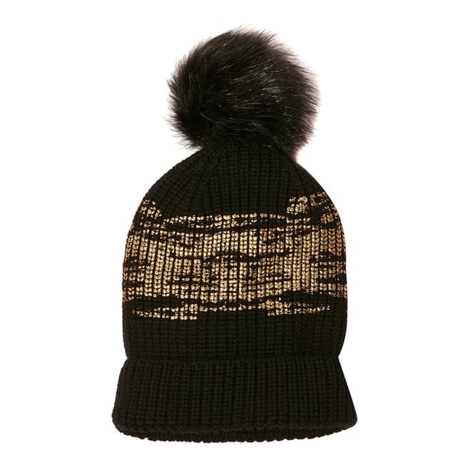 Karen Millen Black/Gold Faux Fur Bobble Wool Hat