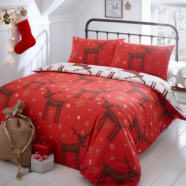 Portfolio Home Shaggy Reindeers Double Duvet Cover Set, Red