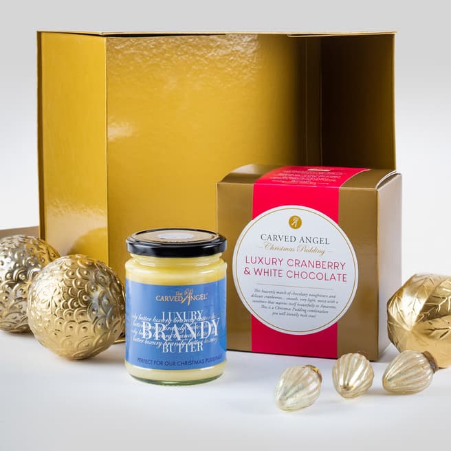 The Carved Angel Luxury Cranberry & White Chocolate Christmas Pudding & Brandy Butter Gift Boxed, Serves 3-4
