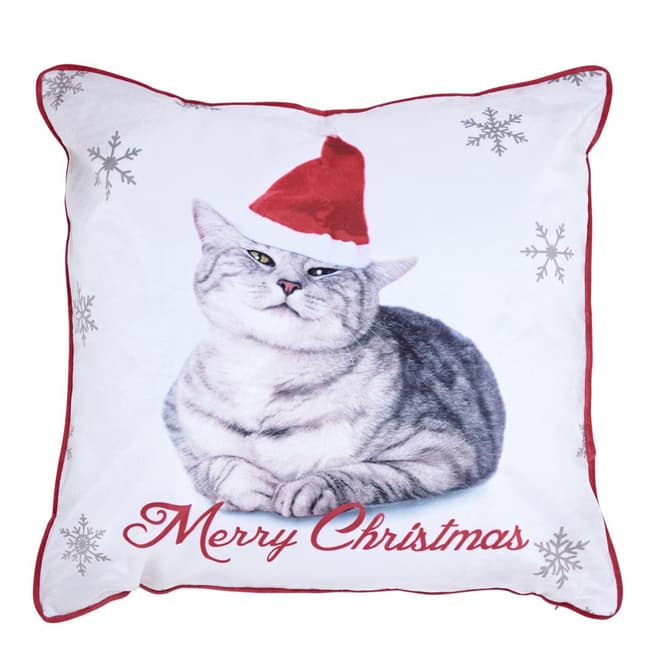 Catherine Lansfield Merry Christmas Cat Cushion Cover, White Gold