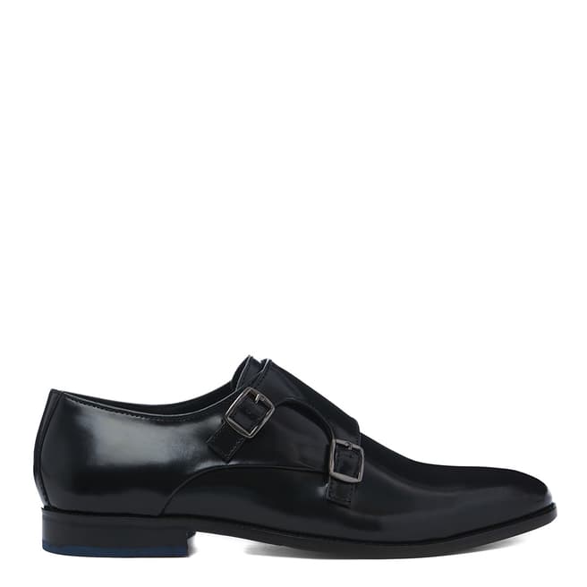 Dune London Black Leather Road Island Buckle Monk Shoes