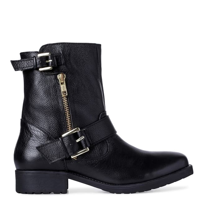 Dune Black Leather Ripp Buckle Ankle Boots