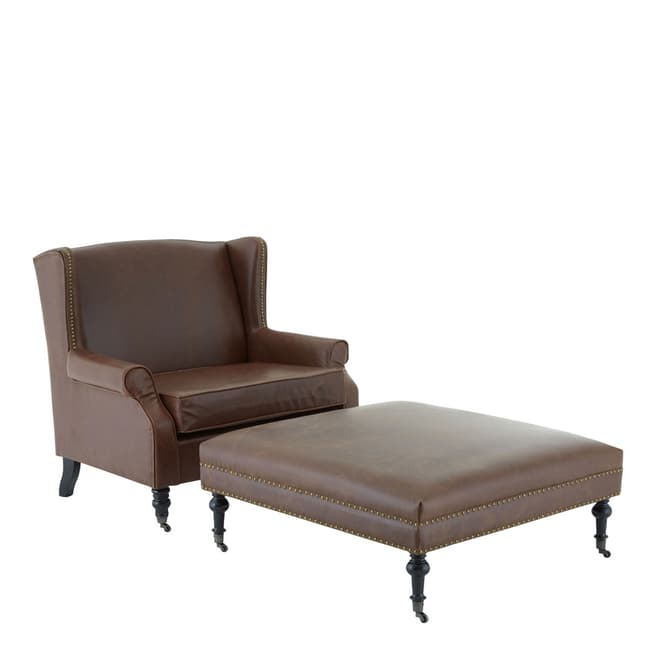 Fifty Five South Fulham Double Wing Chair, Brown Leather Effect, Birch Wood Legs