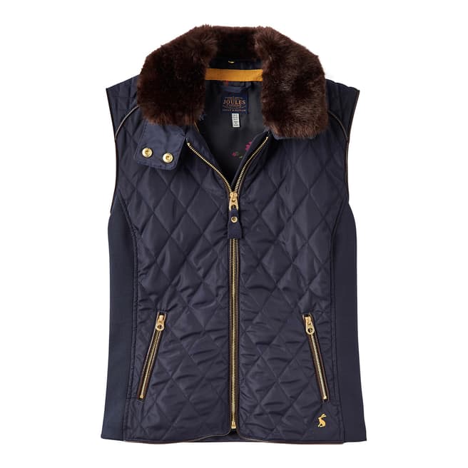 Joules Navy Inverness Quilted Gilet with Faux Fur Collar