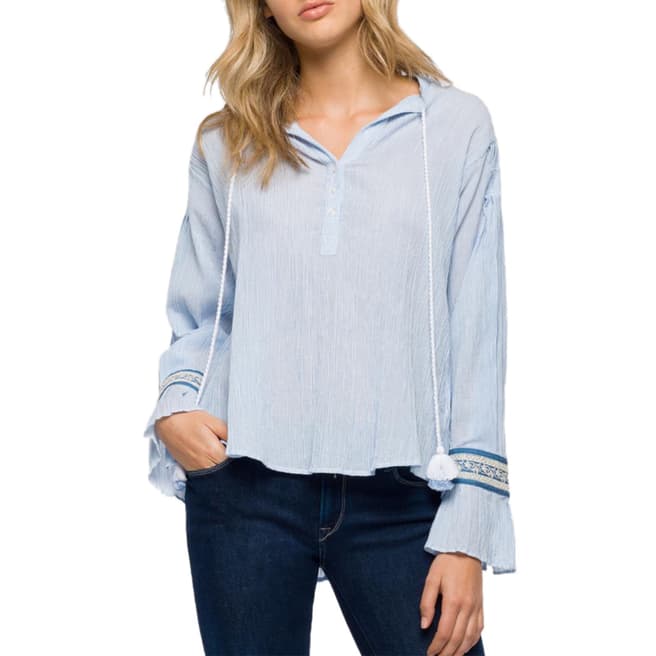 Replay Light Blue/White Ribbed Cuff Blouse