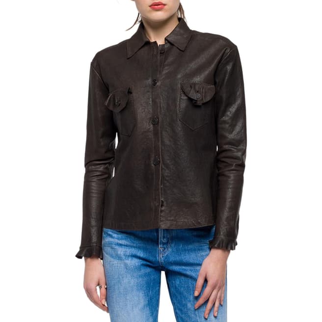 Replay Dark Brown Wax Washed Leather Jacket