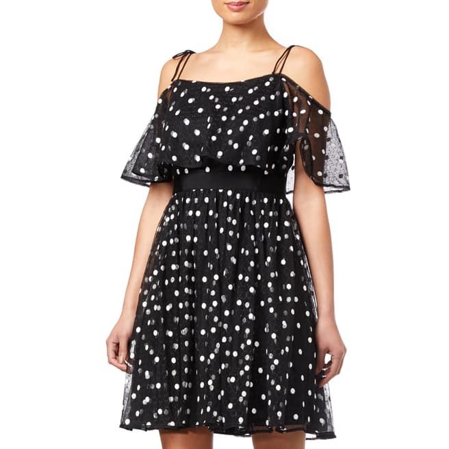 Adrianna Papell Black/ White Dot Pleated Tulle Dress