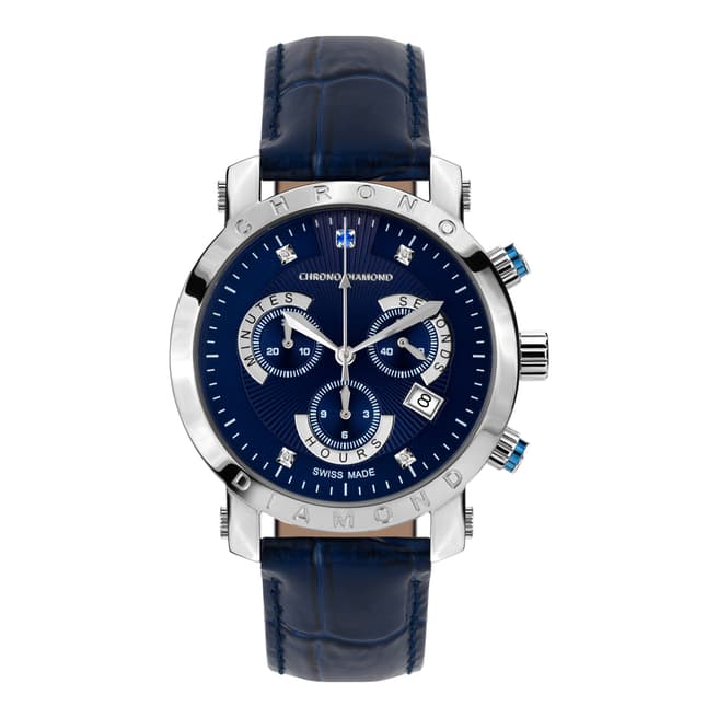 Chrono Diamond Men's Blue Stainless Steel/Leather Herrenuhr Silber Watch